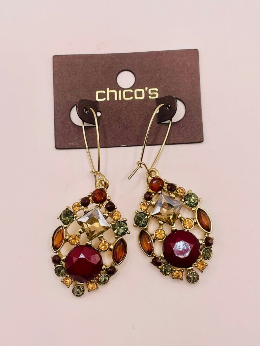 Chico's Gold-Tone Beaded Teardrop Earrings Multicolor Accents -4B